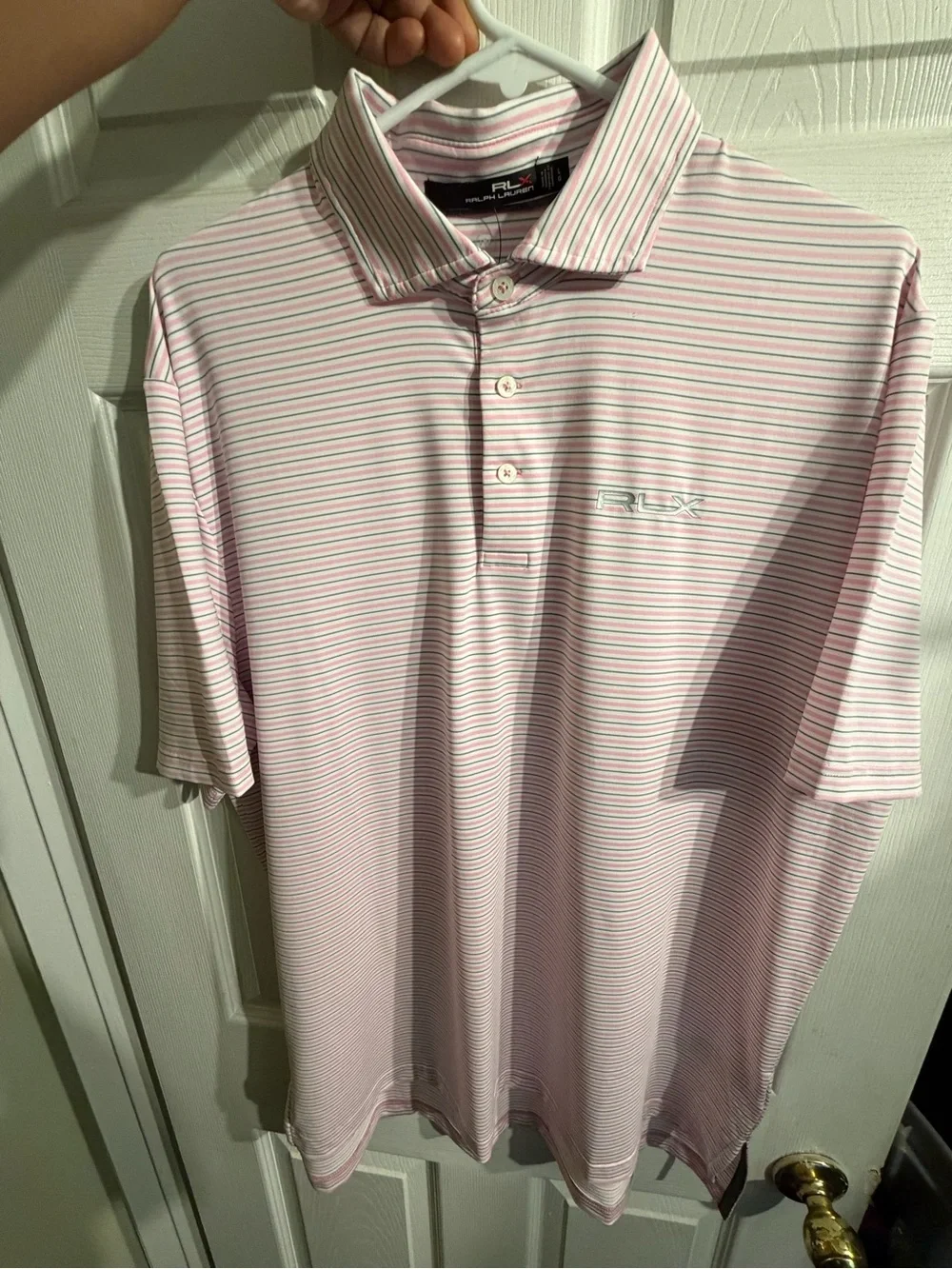 RLX Ralph Lauren Golf Polo Shirt Pink Stripe UV Protection Size Large